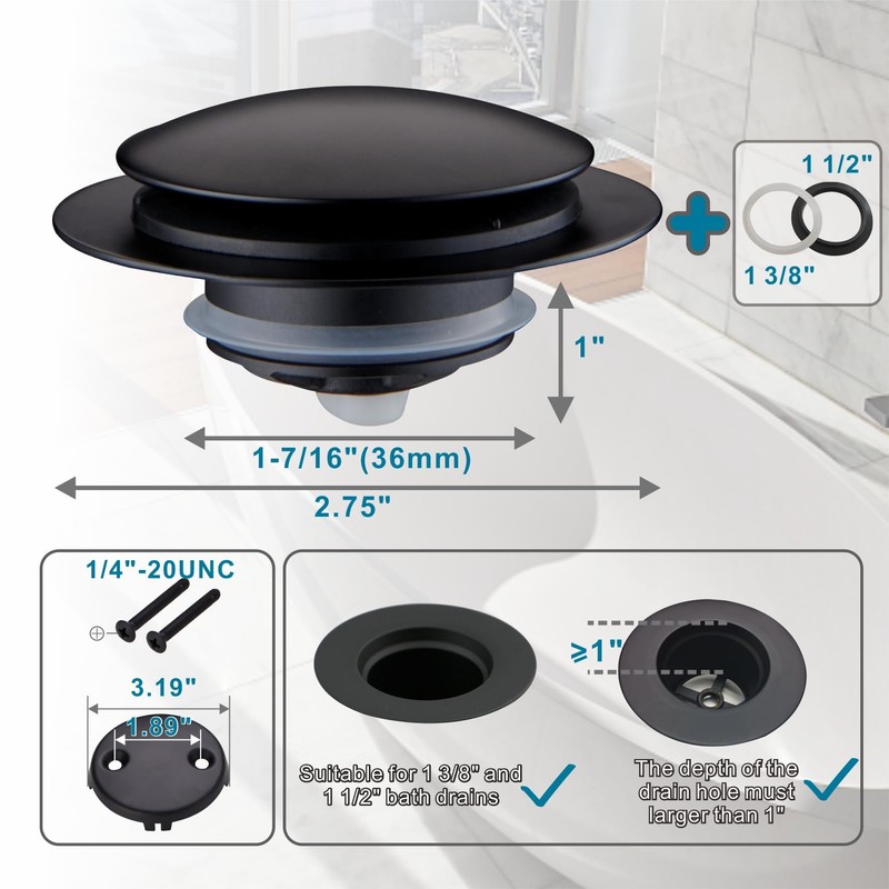 Black Tub Drain Stopper,Welsan Universal Pop Up Bathtub Stopper Replacement