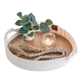 Hanobe Decorative Tray for Coffee Table: Round Serving Trays Set with Removable Wooden Plate for Ottoman White Boho Farmhouse Rope Basket with Handles for Kitchen Centerpiece Decor