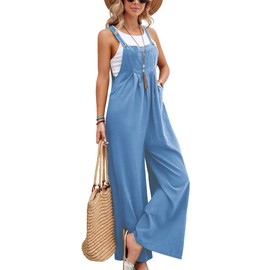 CHARTOU Overol con peto para mujer, sin mangas, holgado, de pierna ancha, con bolsillos, Azul/claro, L