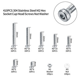 410 Piece M2 Hex Socket Screw Set, 304 Stainless Steel Hex Head Machine Screws Nuts and Washers Assortment with Allen Wrenches