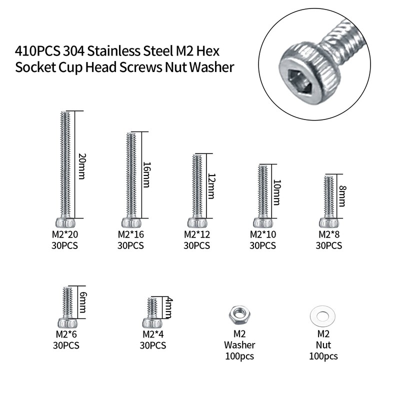 410 Piece M2 Hex Socket Screw Set, 304 Stainless Steel