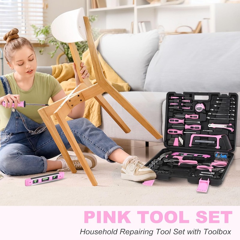 FASTPRO 198-Piece Pink Tool Set, Household Repairing Tool Set with