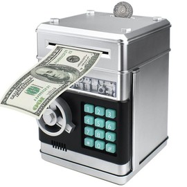 Piggy Bank Electronic Mini ATM for Kids,Money Safe Box Cash Coin Can Password Code Lock for Kids-Hot Gift,Best Present for Children Boys Girls - Color: Silver