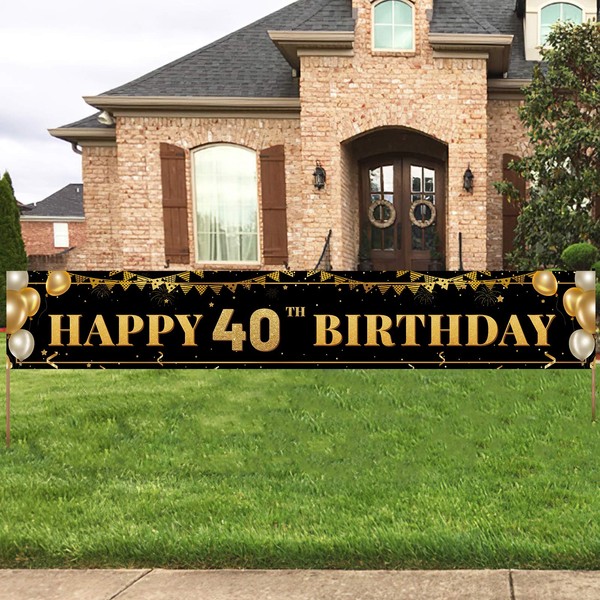 Large Happy 40th Birthday Decoration Banner, Black and Gold Happy 40th Birthday Banner Sign, 40th Birthday Party Decorations Supplies(9.8x1.6ft)