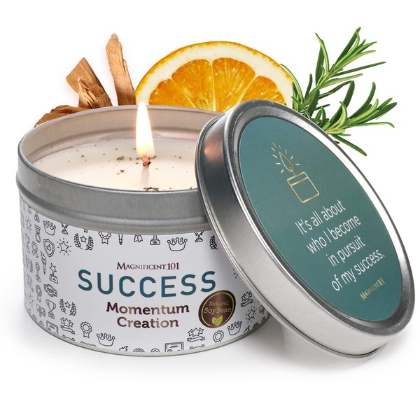 MAGNIFICENT 101 Success Aromatherapy Candle for Momentum Creation - Sage, Bergamot, Sandalwood Scented Natural Soybean Wax Tin Candle for Purification and Chakra Healing