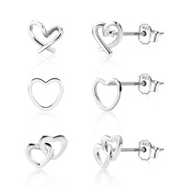 ALEXCRAFT Heart Stud Earrings Gold Silver Earrings Set Small Ladies Gift for Women Girlfriend Mum Girls 3 Pairs, Silver