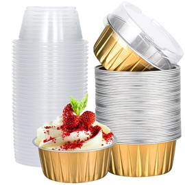 Tazas de Papel de Aluminio, 25 Piezas Tazas de Postre con Tapa,Tazas para Hornear Tartas con Tapa, 5 onzas Mini Moldes de Aluminio para Tarta, Moldes Para Magdalenas Con Tapas (Oro)