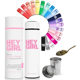 Hey Girl Tea Infuser Bottle 450ml - Insulated Stainless Steel Water Bottle - Tea Tumbler with Tea Diffuser - Portable Travel Mug for Loose Leaf Tea & Infused Water - Tea Lovers Gifts for Women