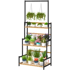 Ufine Bamboo Hanging Plant Stand 3 Tier Ladder Shelf with Hanging Rod Height Adjustable Flower Pot Display Organizer for Balcony Porch Living Room