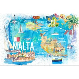 ART.COM Stretched Canvas Print Malta Illustrated Island Travel Map with Roads and Highlights by M. Bleichner, 18" x 12"