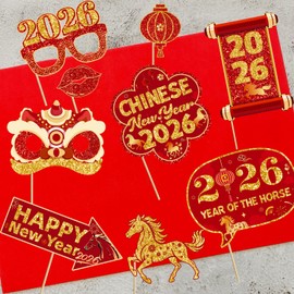 Happy Chinese New Year Photo Booth Props Lunar New Year Spring Festival Party Decorations 2026 Year of The Horse Photobooth Props Kit for Family Gathering