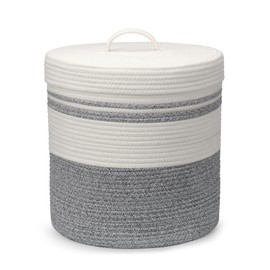 Goodheim Laundry Hamper with Lid, Woven Laundry Basket，Blanket and Toy Storage Basket for Living Room, Bedroom, Bathroom, Nursery（Grey and White，40L）