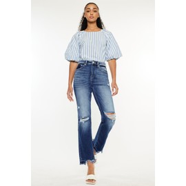 Kan Can Women's High Rise Distressed Slim Straight Jeans (US, Numeric, 11, Regular, Regular, Blue)