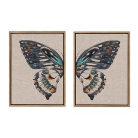 Kate and Laurel Sylvie Boho Butterfly Watercolor Diptych Neutral Linen Framed Canvas Wall Art Set by The Creative Bunch Studio, 2 Piece 18x24 Gold, Soft Animal Art for Wall