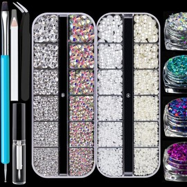 2850pcs Face Gems Kits for Makeup with Glue, Round Glass Crystal AB & Clear Gems, White & Beige Pearls & 4 Colors Cosmetic Chunky Glitter with Dotting Tools, Eye Jewels for Body Make-up, Nail Art