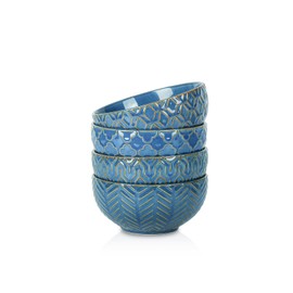 Sureasy Ceramic Dessert Bowls, 10oz Embossed Small Bowl, 4.6 inch Ice Cream Bowl, Small Serving Bowls Set for Snack, Sauce, Microwave and Dishwasher Safe, Set of 4, Blue