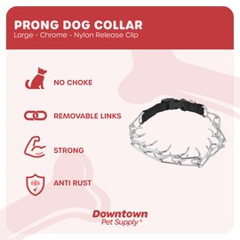 Downtown Pet Supply Chrome Plated/Nylon Prong Collar for Dogs, Large - Adjustable, No-Choke and No Pull Dog Collar with Removable Links - Pinch Collar for Dogs Over 50 lbs and 22" Neck Width