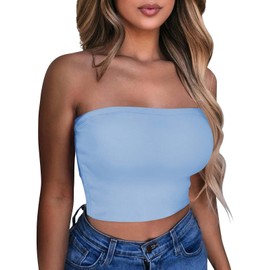 CHICGAL Womens Tube Tops Strapless Bandeau Tank Casual Going Out Y2K Short Sleeveless Shirts(Light Blue,L)