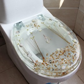 Resin Toilet Seat Seashells Dried Flowers Toilet Lid Seat with Clear Cover Easy to Install & Clean Replacement Quiet Slow Close Toilet Seat Fits U/V type Toilets