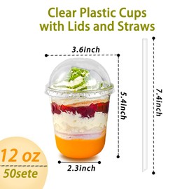 Qsqwsuye 50 Set 12 oz Disposable Clear Plastic Cups with Dome Lids and Straws, Durable Plastic Party Cups for Iced Coffee, Milk Tea, Assorted Beverages, Perfect for Parties, Wedding, Festival Events