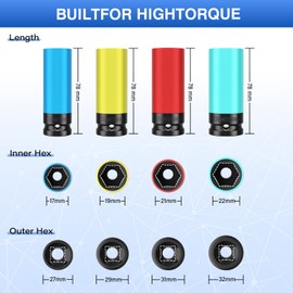 ZOYAKKI 1/2" Drive Wheel Protector Impact Socket,4 PCS Metric Size 17-19-21-22mm,Non-Marring Lug Nut Thin Wall Deep Socket Set, CR-MO, 6 Point, Color-Coded Protective Socket