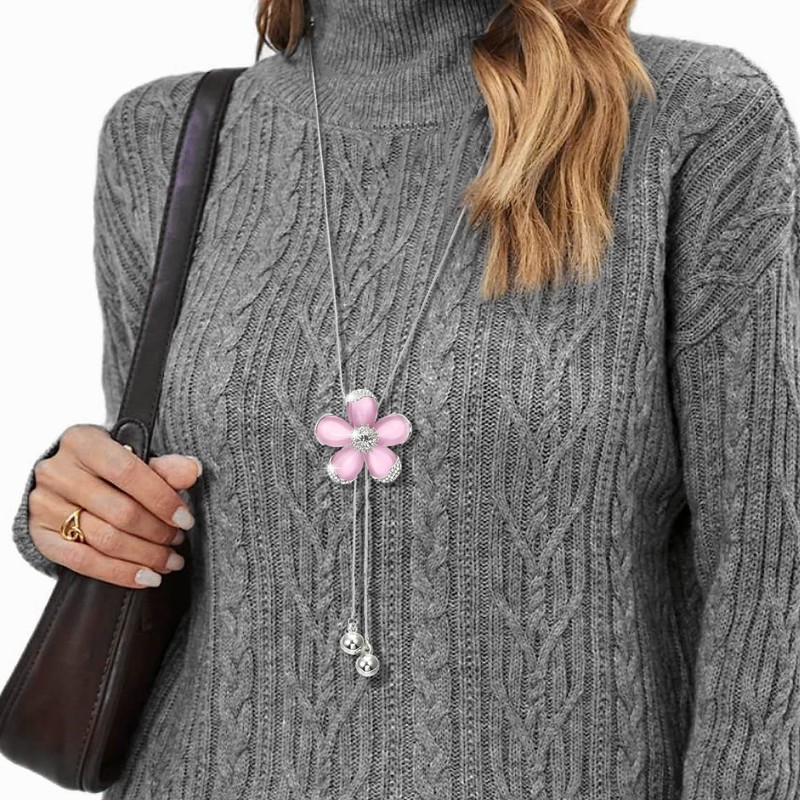 HSQYJ Crystal Long Necklaces for Women Adjustable Rhinestone Flower Necklaces