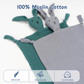 ZIGJOY Baby Comforter Blanket Muslin Cotton Security Blanket Bunny Lovey Boy Girl Unisex Soft Baby Gift for Infant Newborn Toddler, Grey & Blue