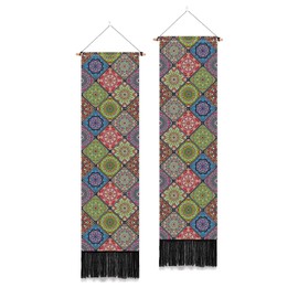 PLIGREAT 2 Pack Boho Wall Tapestry with Hanging Ropes Aesthetic Mandala Wall Hanging for Bedroom Living Room Vintage Rustic Home Decor Long Narrow Art Tapestry, 52" x 13"