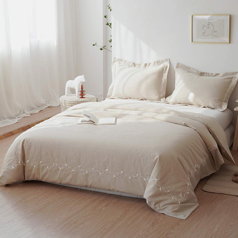 BISELINA French Linen Duvet Cover Set 3pcs Embroidered Willow Leaf