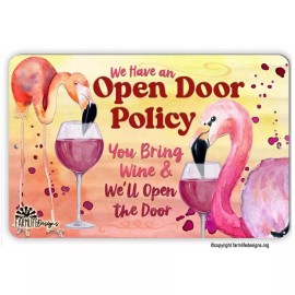 Flamingo Sign, Open Door Policy bring wine wall art funny bar sign decor gift