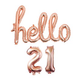 AnnoDeel Hello 21 Banner Foil Balloons, 32inch Rose Gold one-piece Letter Mylar Balloonss for Twenty one Birthday Celebration Party Decor