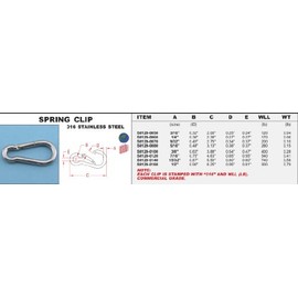 316 Stainless Spring Clip 3/8" THICK 4" LONG Carabiner (S0120-0100)