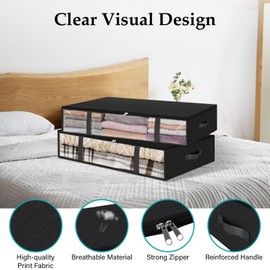 WEKIWGOT Pack of 3 Storage Bags, Space-Saving Underbed Storage Bag with Viewing Windows, Zips and Handles, Foldable Storage for Clothes, Blankets, Duvets (Black)