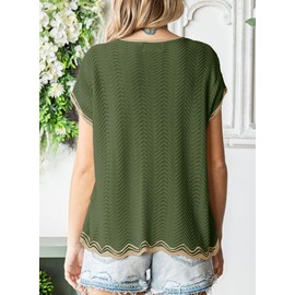 Dokotoo Womens Sweaters Spring Summer Short Sleeve Shirts Contrast Wavy Crochet Crewneck Lightweight Knit Top for Women Trendy Business Casual Loose Cute Pullover Sweater Blouse Tops Green X-Large
