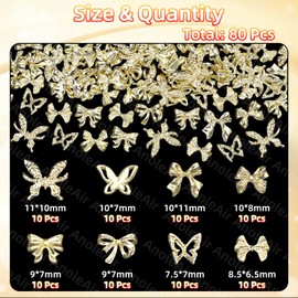 80 Pcs Bow Gold Nail Charms, Butterfly Gold Nail Charms, 3D Alloy Bow Bowkont Nail Art Charms, Golden Nail Bows Charms for Acrylic Nails, Alloy Butterfly Bows Nail Jewelry for Nails DIY Y2K