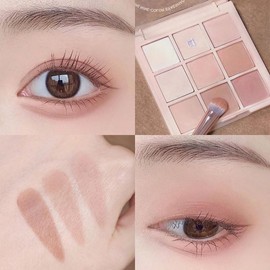 Okerker 9 Colors Pink Eyeshadow Palette, Matte Nude Neutral Orange Blendable Shades, Shimmer Daily Bright Makeup