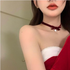 Bow Necklace for Women Red Bow Velvet Choker Necklace Black Ribbon Pearl Pendant Necklace Cute Bow Knot Necklace for Christmas Gifts (Bow Black)