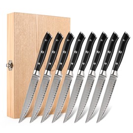 Steak Knife Set of 8, Damascus VG10 Steel Serrated Steak Knives 5-Inch - Triple Rivet ABS Handles with Wooden Case