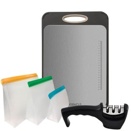 Double-Sided 304 Stainless Steel Cutting Board Double Sided W/Wheat Straw Pp for Meat, Fruits & Vegetables — Food-Grade Kitchen Chopping Board Set W/Engraved Ruler, Knife Sharpener & 3 Silicon Bags