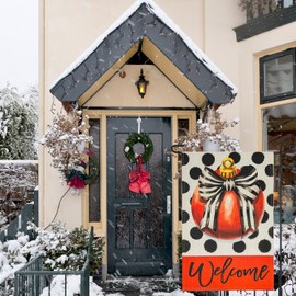 Vigor Home Welcome Ornament Baubles Christmas Garden Flag,Double Sided 12×18 Inch Burlap Polka Dot Jingle Bell Outside Small Yard Outdoor Flags,Holiday Winter Seasonal Porch Decoration