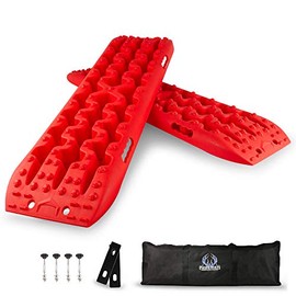 REINDEER Recovery Traction Tracks Mat for 4X4 Offroad Sand Snow Mud Track Tire Ladder with Bag with Mounting Pins (Set of 2) Red 4WD