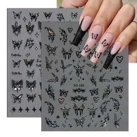6Sheets Butterfly Nail Art Stickers Decals 3D Self-Adhesive Holographic Aurora Black White Butterfly Nails Design Nail Stickers Butterflies Nail Supplies for Women DIY Butterfly Nail Art Decor