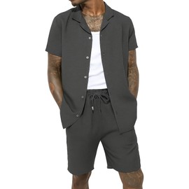 WJL WHISPERING JONES LONDON Mens Crinkle Textured Co-ord Shirt Short Set Anti Wrinkle Two Piece Breathable Top & Bottom Summer Beach, Charcoal, S