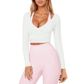 IYOWEL Womens Ballet Wrap Top Tie Front Long Sleeve Workout Yoga Pilates Shirts Y2K Coquette Tops Going Out Wear White M