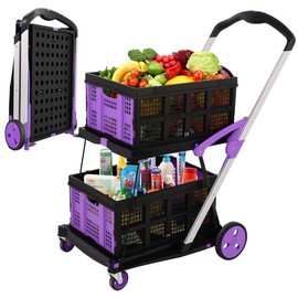 Foldable Utility Cart with Wheels,2 Layers Multifunctional Folding Cart for Cosmetic Organizer,Grocery,Office,Warehouse,Garden, Double Layers Foldable Shopping Cart,Folding Trolley for Luggage Heavy Duty(Blue/RED/PINK/Purple):_Purple (Two baskets)