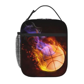 Basketball Lunch Box with Fire Pattern, Sports-themed Lunch Bag for Kids Teens Adults Boys Men, Insulated Leakproof Waterproof Reusable Lunch Bags Portable Durable Cooler Tote Bag with Mesh Pocket