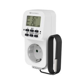 sonero digitales Thermostat Steckdose, Temperaturregler, Heizung, Kühlung, zeitgesteuert mit externem Fühler, für Terrarium, Gewächshaus, Räucherofen, als Frostwächter, 3600 Watt, weiß