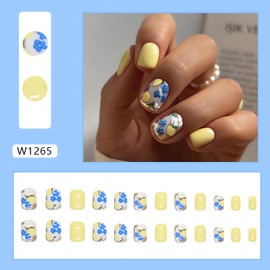 LPOODDNU Short Square Press on Nails Blue Yellow Fake Nails Flower Lemon Designs Cute Summer Glue on Nails Glossy Full Cover Acrylic False Nails Spring Stick on Nails for Women Nail Art Decorations