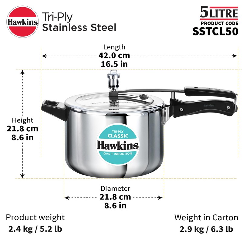 Hawkins Classic 5 Litre Tri-Ply Pressure Cooker, Triply Stainless Steel