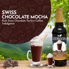 Syruvia Swiss Chocolate Mocha Syrup - 25.4 fl oz Premium Coffee Flavoring Syrup - Kosher Coffee Syrups, Gluten Free, No Coloring, Perfect for Drinks, Soda, Shakes, Desserts, and More With Pump